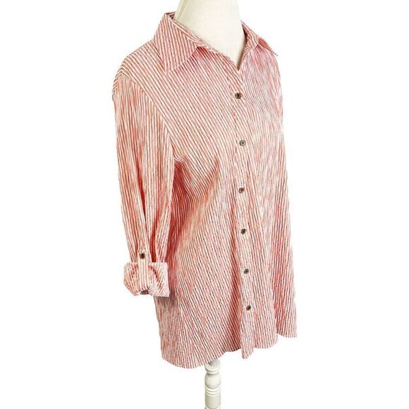 Jorli Red & White Asymmetrical Button Shirt Seersucker Lagenlook Tunic Size 16 - Picture 7 of 10
